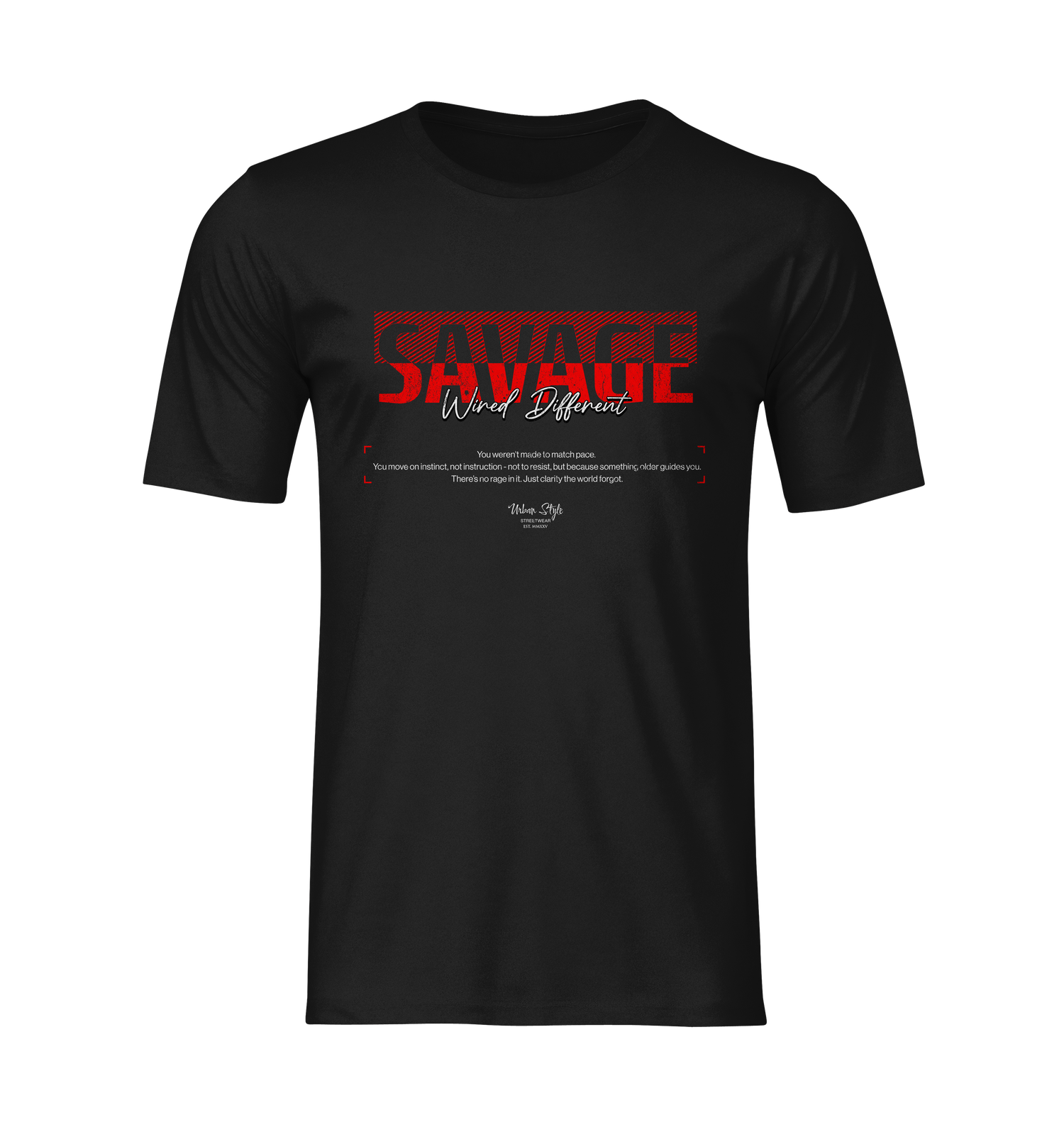 Black SAVAGE t-shirt on invisible mannequin — bold red design with “Wired Different” slogan in script, isolated on black background for clean product showcase.