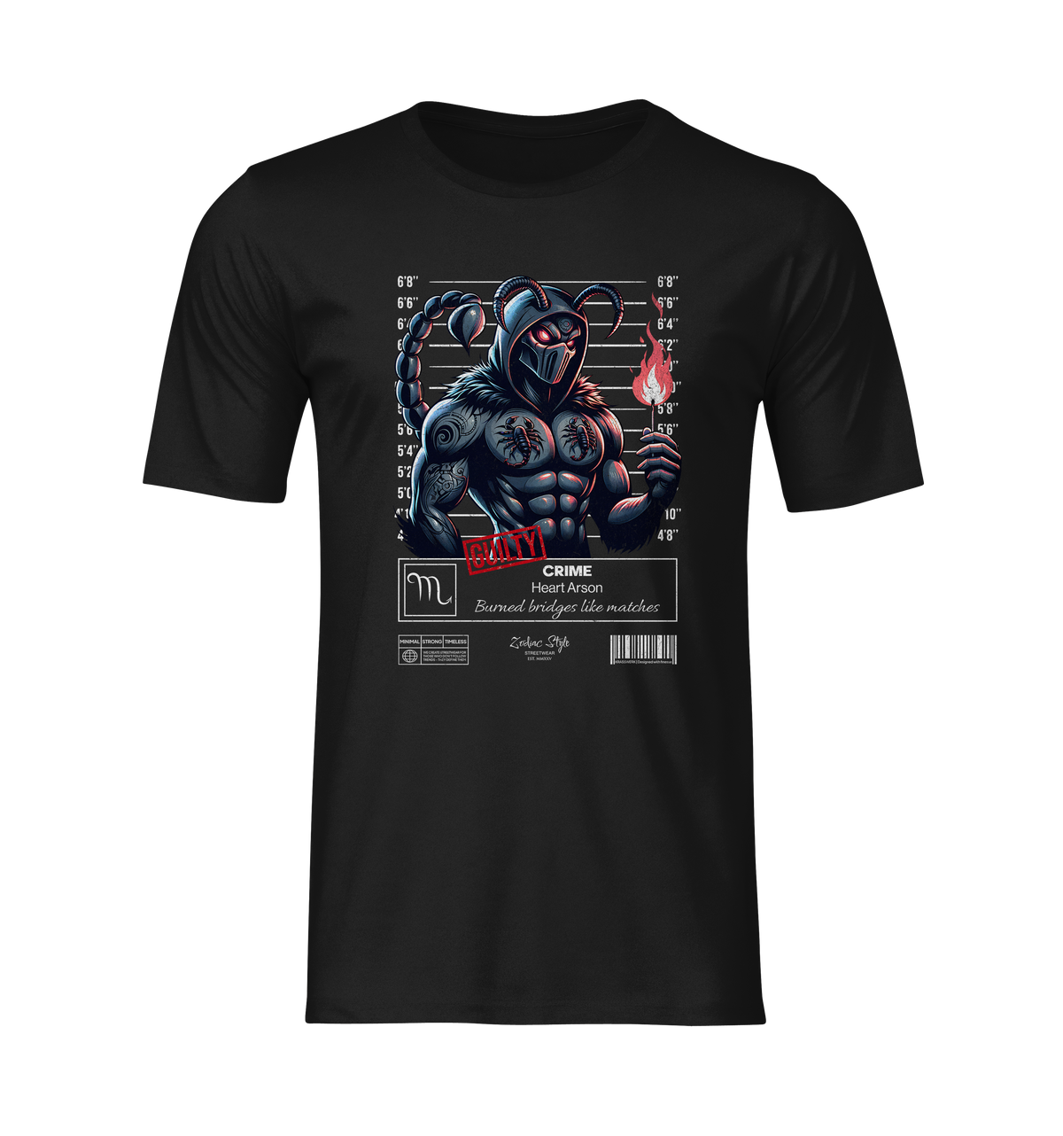 Front-facing black t-shirt on a transparent background. Shows the full Scorpio design with a muscular scorpion character holding a flame. No model or scenery.