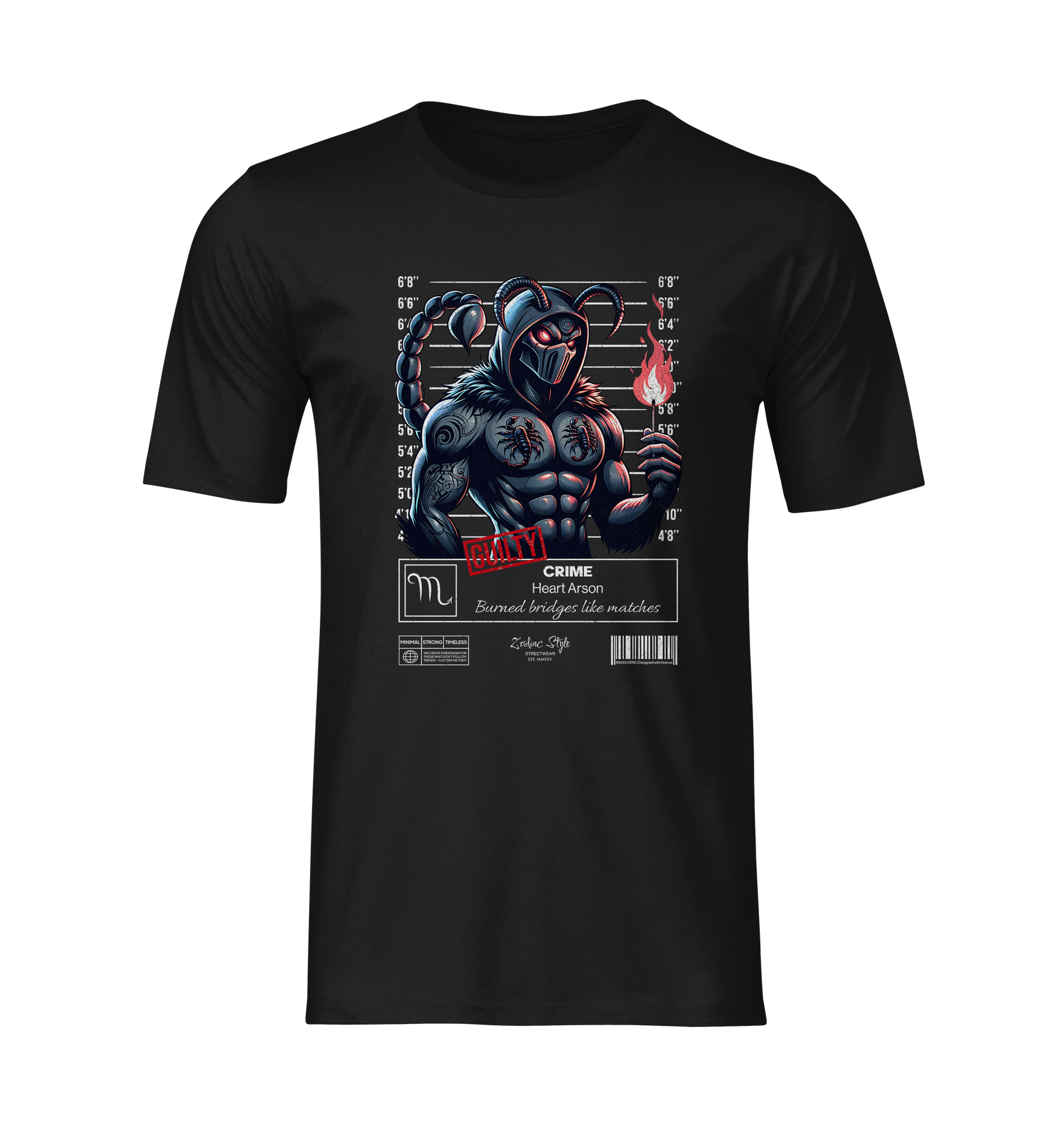 Front-facing black t-shirt on a transparent background. Shows the full Scorpio design with a muscular scorpion character holding a flame. No model or scenery.
