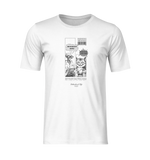 3D mockup of a white unisex t-shirt with no background and no model. The design features a black-and-white manga-style comic: an alien asks, “Why do you sit on laptops?” and a smug cat replies, “Because you hate it. And it’s warm.”