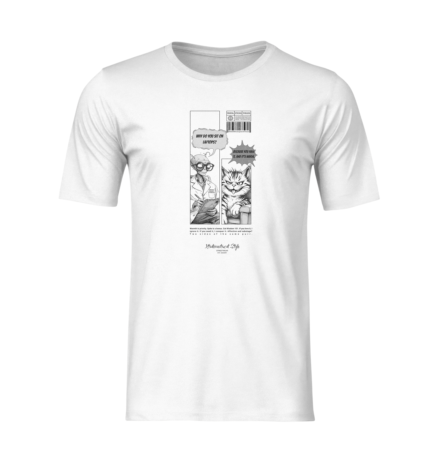 3D mockup of a white unisex t-shirt with no background and no model. The design features a black-and-white manga-style comic: an alien asks, “Why do you sit on laptops?” and a smug cat replies, “Because you hate it. And it’s warm.”