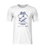 Front-facing white t-shirt 3D mockup with no model or background, displaying a large illustration of a sleeping cat and the phrase “20 HOURS OF SLEEP AND I AM STILL TIRED” in bold navy text.