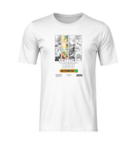 White ghost mockup of the “SUMMER MODE Activated” t-shirt — bold vertical panel design with tropical colors framed by grayscale edges.