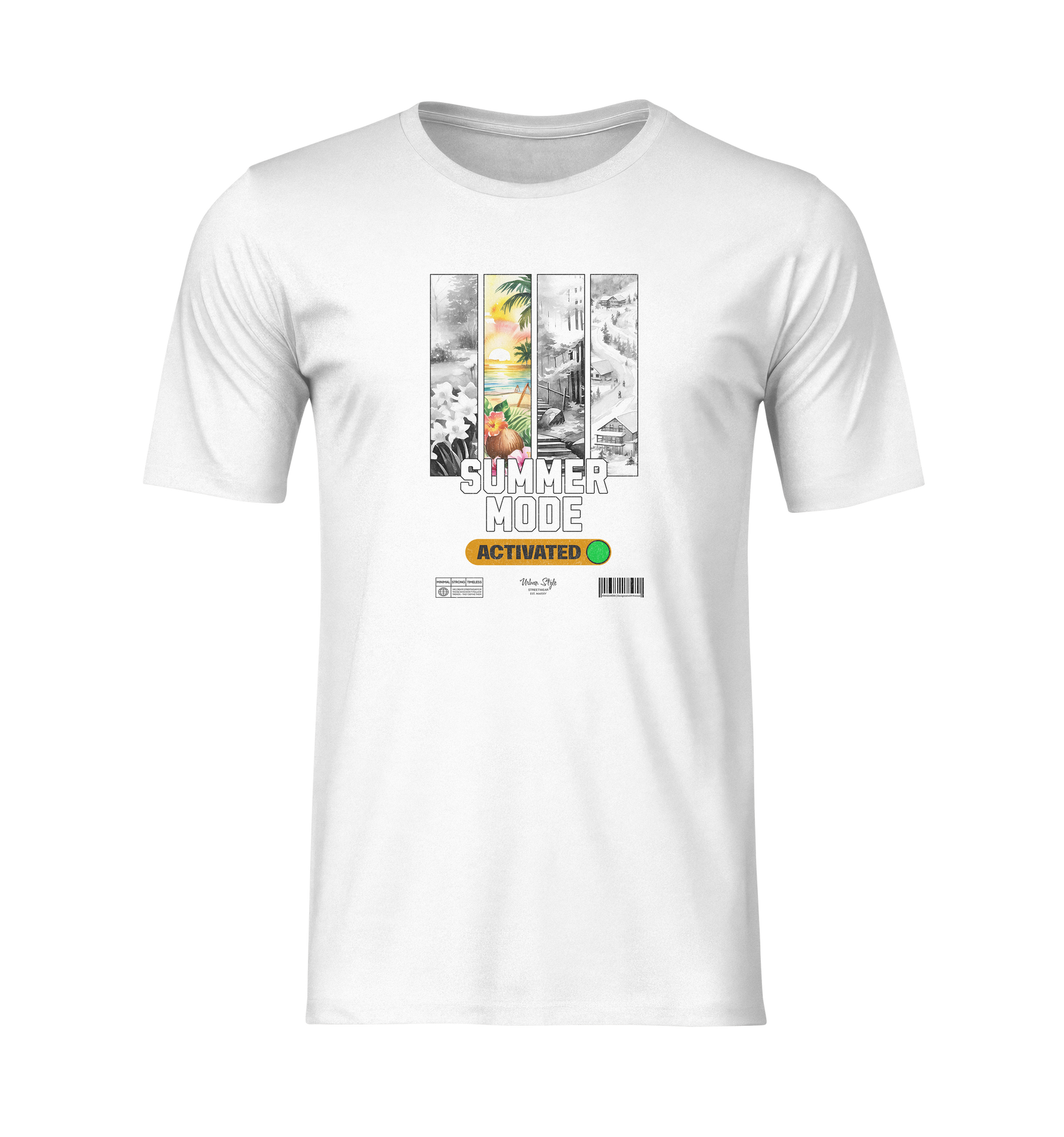 White ghost mockup of the “SUMMER MODE Activated” t-shirt — bold vertical panel design with tropical colors framed by grayscale edges.