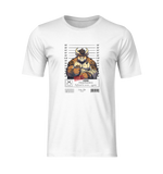 Ghost mockup — front view of the TAURUS T-shirt (white). Design features a muscular, tattooed bull in a mugshot lineup. Caption reads: “CRIME: Change Resistance. Refused to move… again.” A bold graphic for the unshakable type.