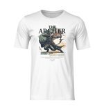 A ghost-style flatlay of THE ARCHER t-shirt in white, showcasing the dynamic archer artwork mid-draw with the slogan “Strike True. Strike Silent.” The design’s earthy tones and rugged detailing make the print pop against the clean, bright background.