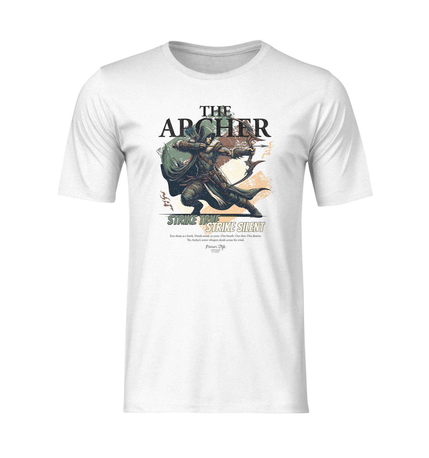 A ghost-style flatlay of THE ARCHER t-shirt in white, showcasing the dynamic archer artwork mid-draw with the slogan “Strike True. Strike Silent.” The design’s earthy tones and rugged detailing make the print pop against the clean, bright background.