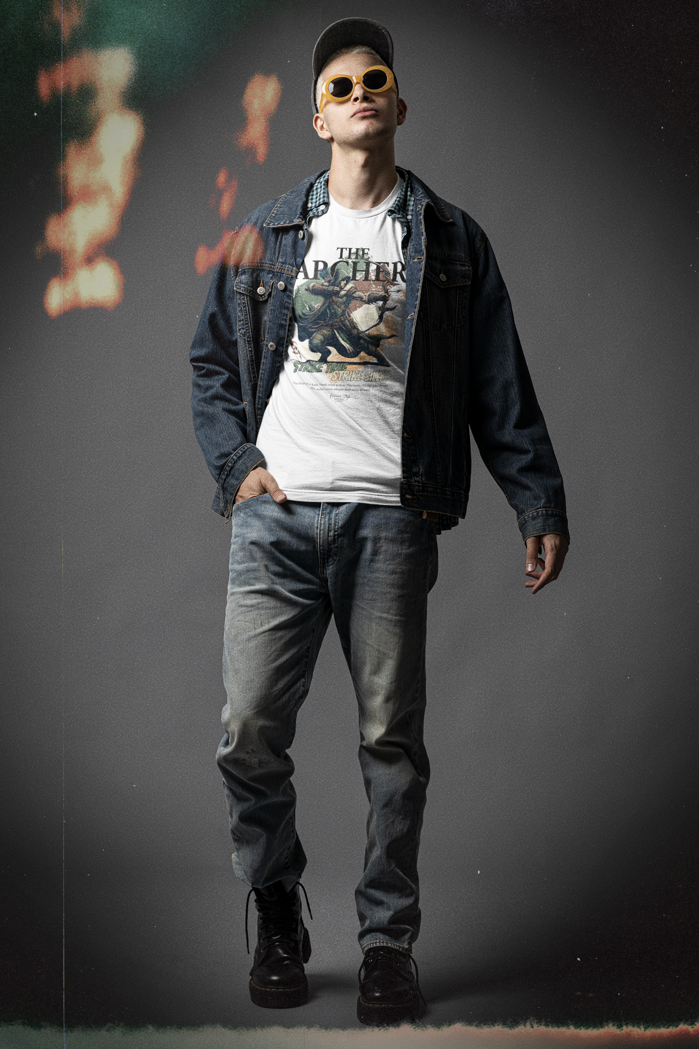 A confident man standing with relaxed posture in a studio setting, wearing THE ARCHER t-shirt design featuring a crouched archer mid-draw and the slogan “Strike True. Strike Silent.” Moody lighting with film burn effects highlights the vintage warrior aesthetic.