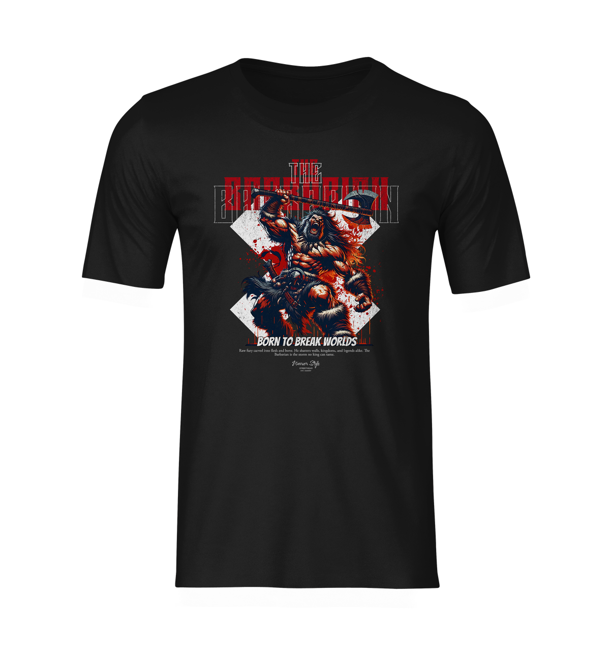 Front-facing ghost mockup of the 'THE BARBARIAN' t-shirt in black, featuring a muscular warrior mid-battle under the slogan 'Born to Break Worlds', surrounded by splashes of red and jagged design elements.