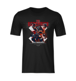Front-facing ghost mockup of the 'THE BARBARIAN' t-shirt in black, featuring a muscular warrior mid-battle under the slogan 'Born to Break Worlds', surrounded by splashes of red and jagged design elements.