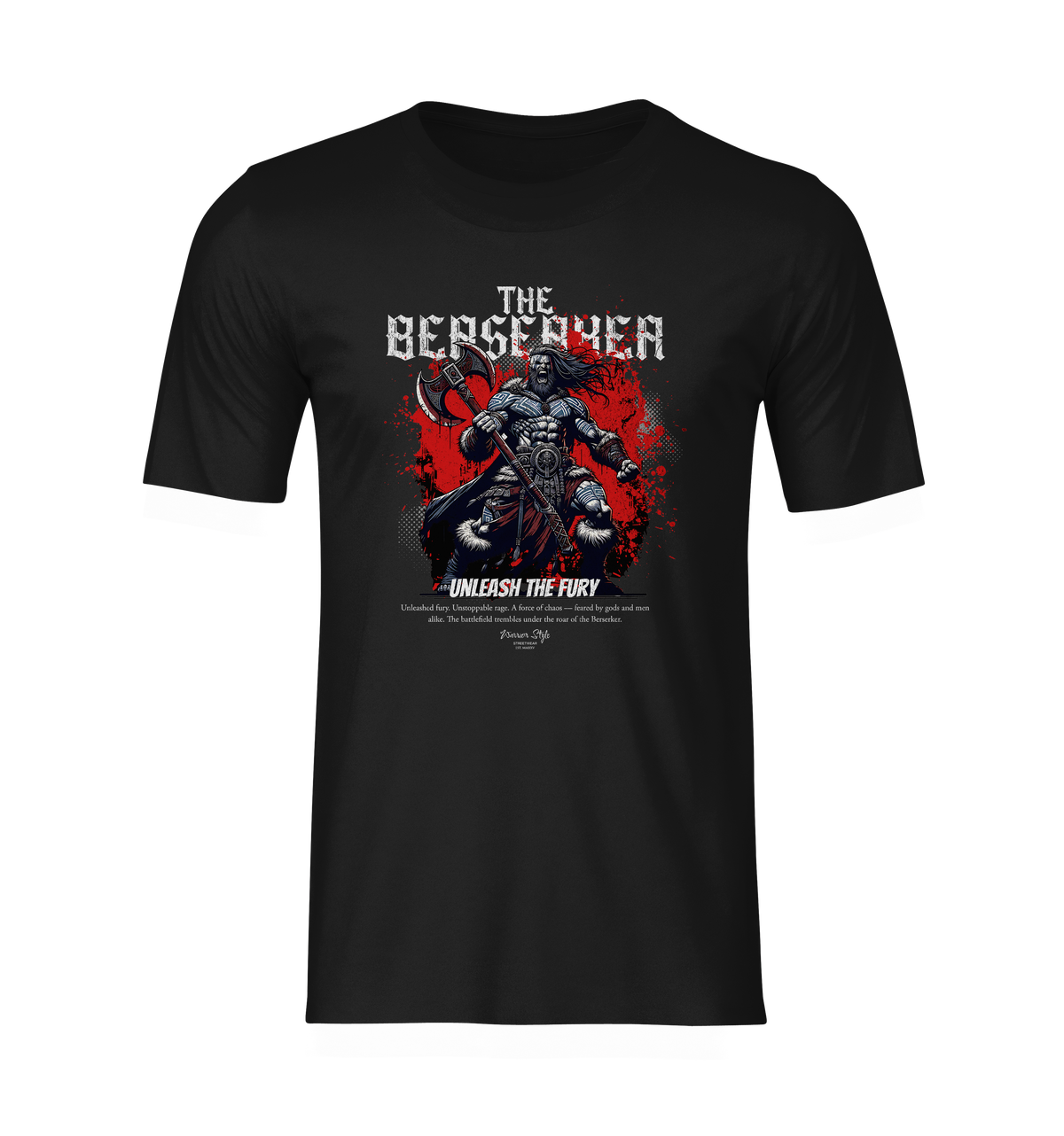 Isolated ghost mockup of THE BERSERKER t-shirt on black — highlighting the brutal Viking warrior design with a sharp red backdrop. Rage captured in silence.