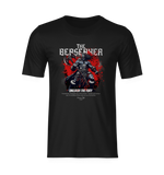 Isolated ghost mockup of THE BERSERKER t-shirt on black — highlighting the brutal Viking warrior design with a sharp red backdrop. Rage captured in silence.