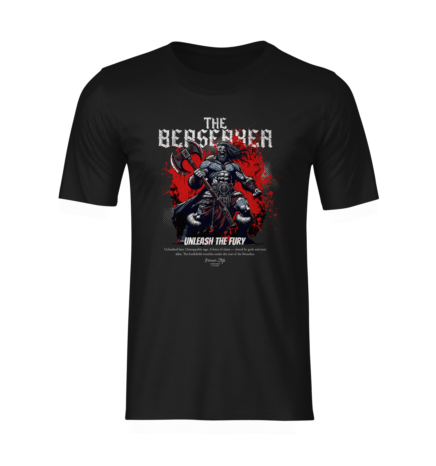 Isolated ghost mockup of THE BERSERKER t-shirt on black — highlighting the brutal Viking warrior design with a sharp red backdrop. Rage captured in silence.