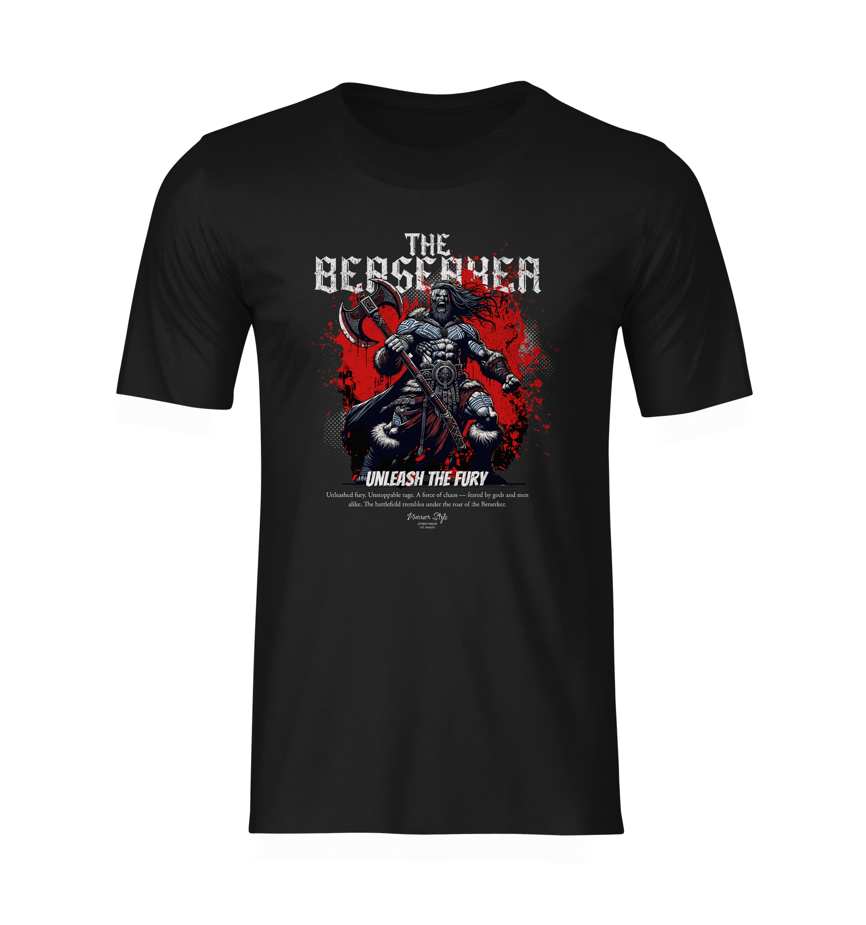 Isolated ghost mockup of THE BERSERKER t-shirt on black — highlighting the brutal Viking warrior design with a sharp red backdrop. Rage captured in silence.