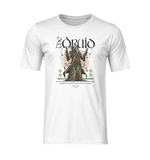 Flat white t-shirt mockup featuring “The Druid” graphic: a mystic figure in earthy green robes surrounded by forest symbols, with the text “Nature’s Wrath Unleashed.” Perfect for showcasing the full design on a clean background.