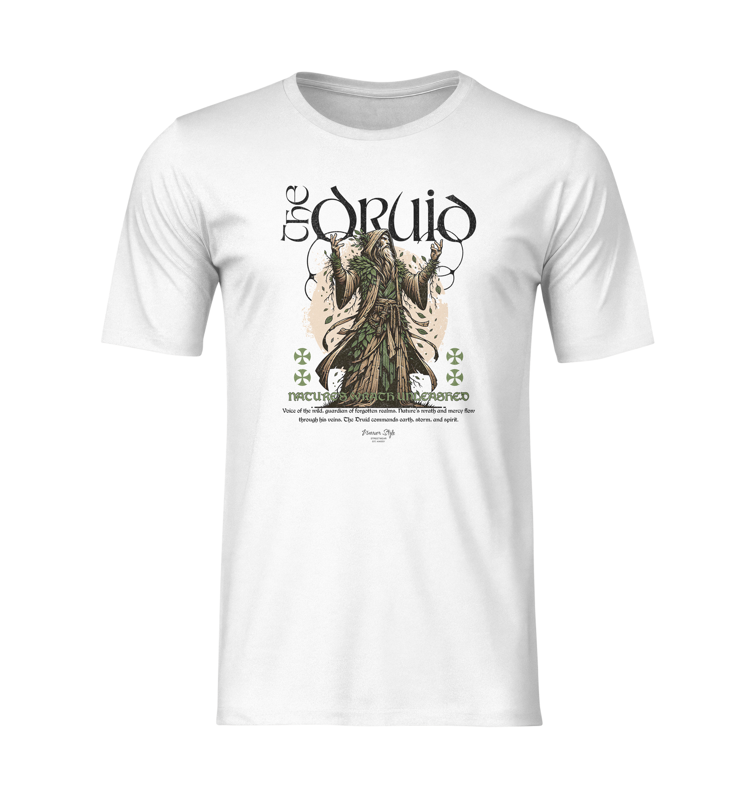 Flat white t-shirt mockup featuring “The Druid” graphic: a mystic figure in earthy green robes surrounded by forest symbols, with the text “Nature’s Wrath Unleashed.” Perfect for showcasing the full design on a clean background.
