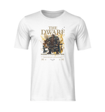 Product mockup of THE DWARF t-shirt in white — illustrated dwarf warrior with axes, bold gold and black ‘Forged in Stone and Fire’ graphic