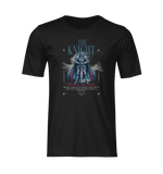 Flat black t-shirt mockup featuring THE KNIGHT design — a blue-armored warrior with cape, standing with crossed swords beneath the phrase “Valor Never Yields.”