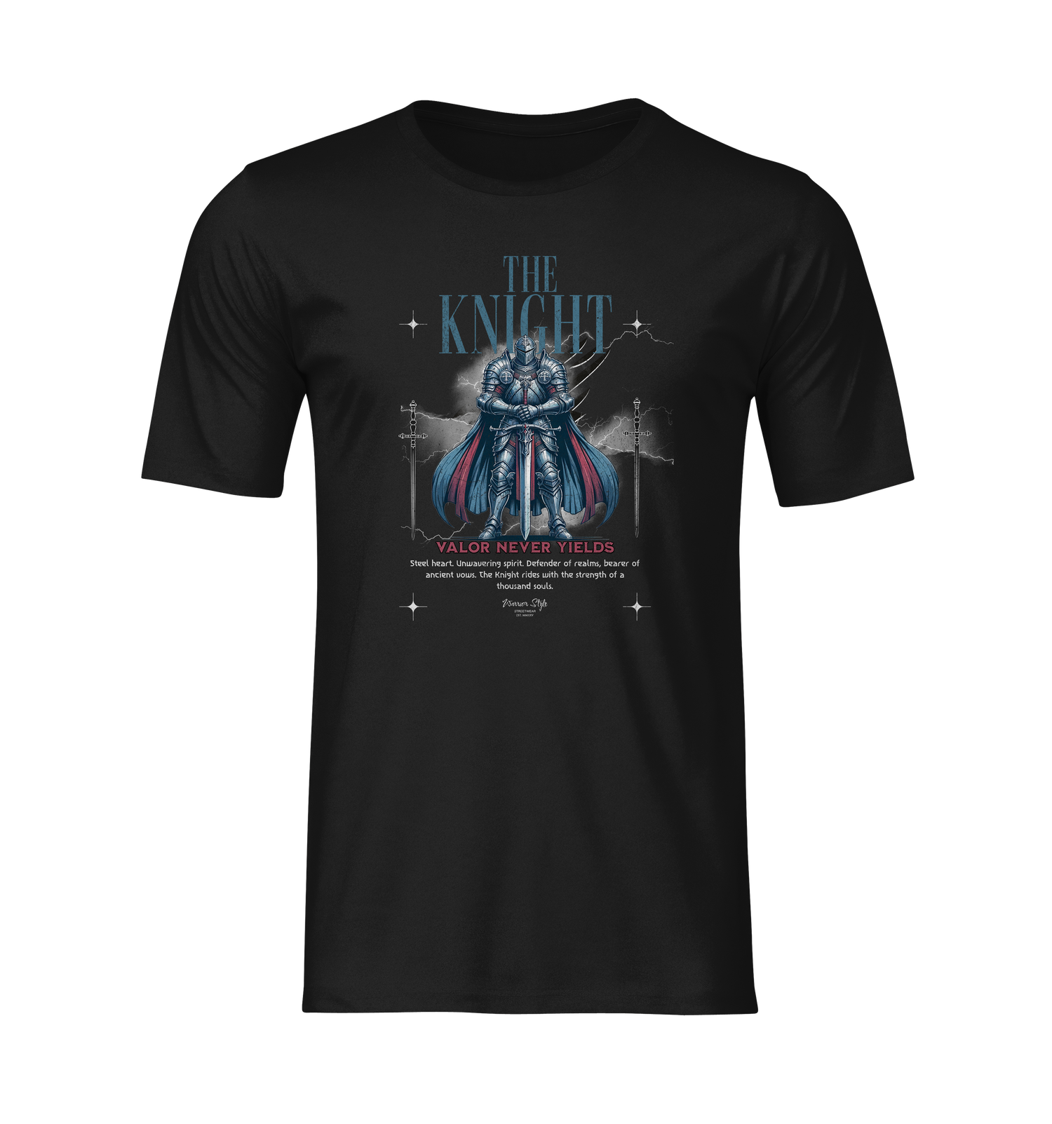 Flat black t-shirt mockup featuring THE KNIGHT design — a blue-armored warrior with cape, standing with crossed swords beneath the phrase “Valor Never Yields.”