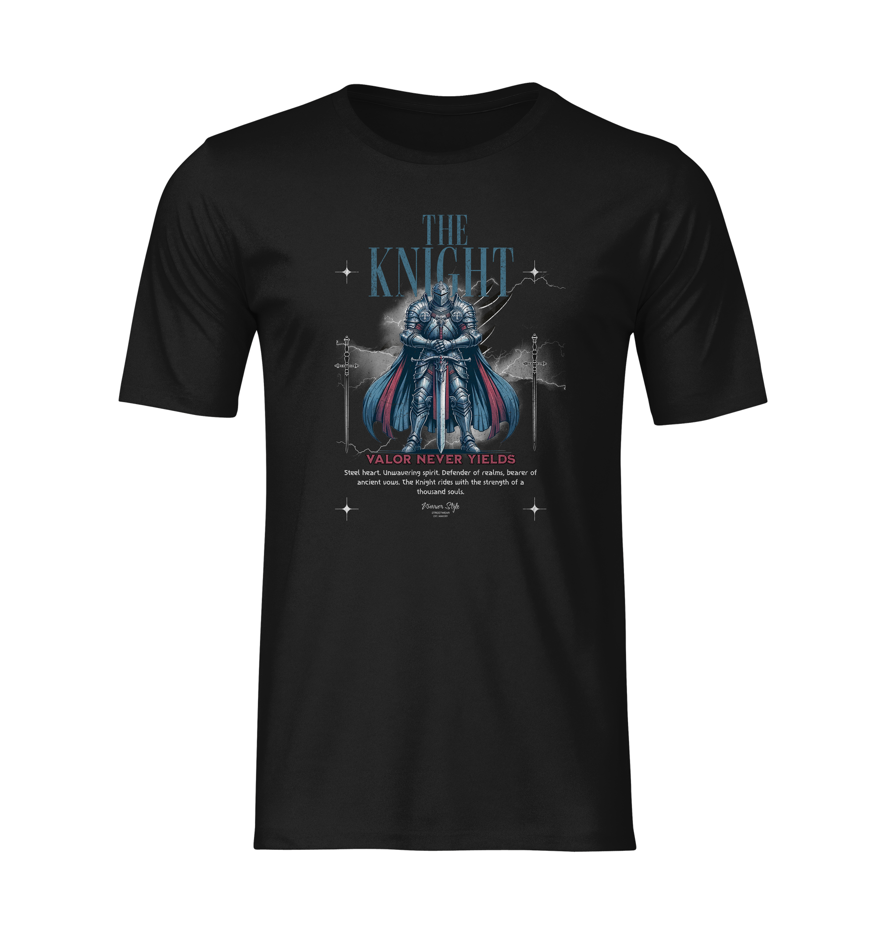 Flat black t-shirt mockup featuring THE KNIGHT design — a blue-armored warrior with cape, standing with crossed swords beneath the phrase “Valor Never Yields.”