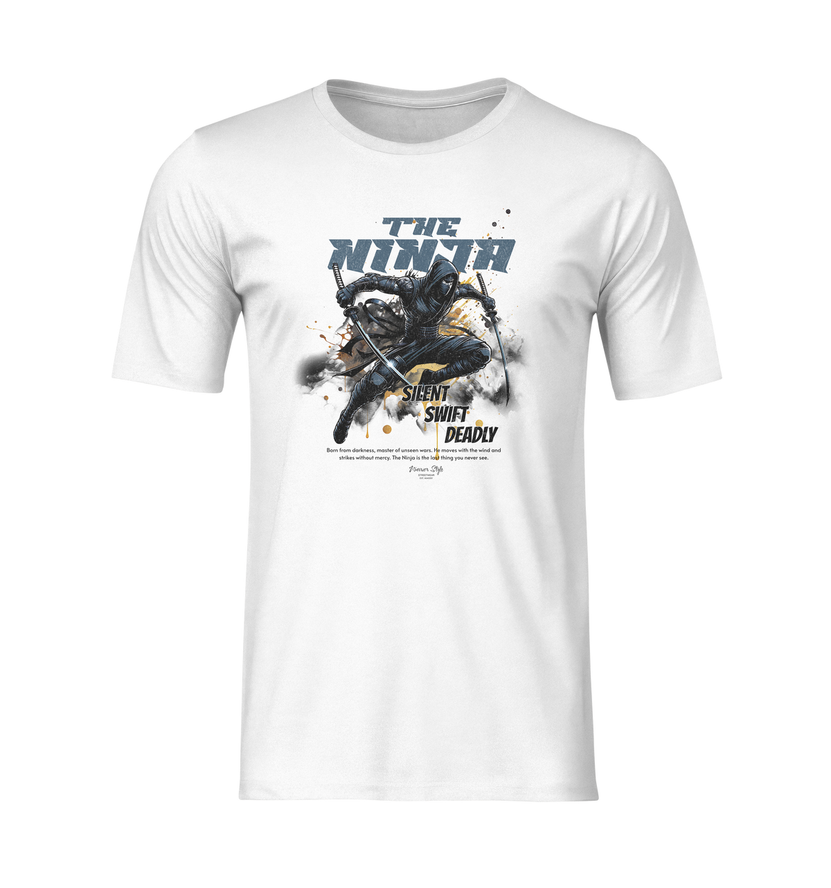 Front view of the black THE NINJA t-shirt on invisible mannequin, showing dynamic ninja illustration with bold “Silent. Swift. Deadly.” text and splatter effects. No background, No model.