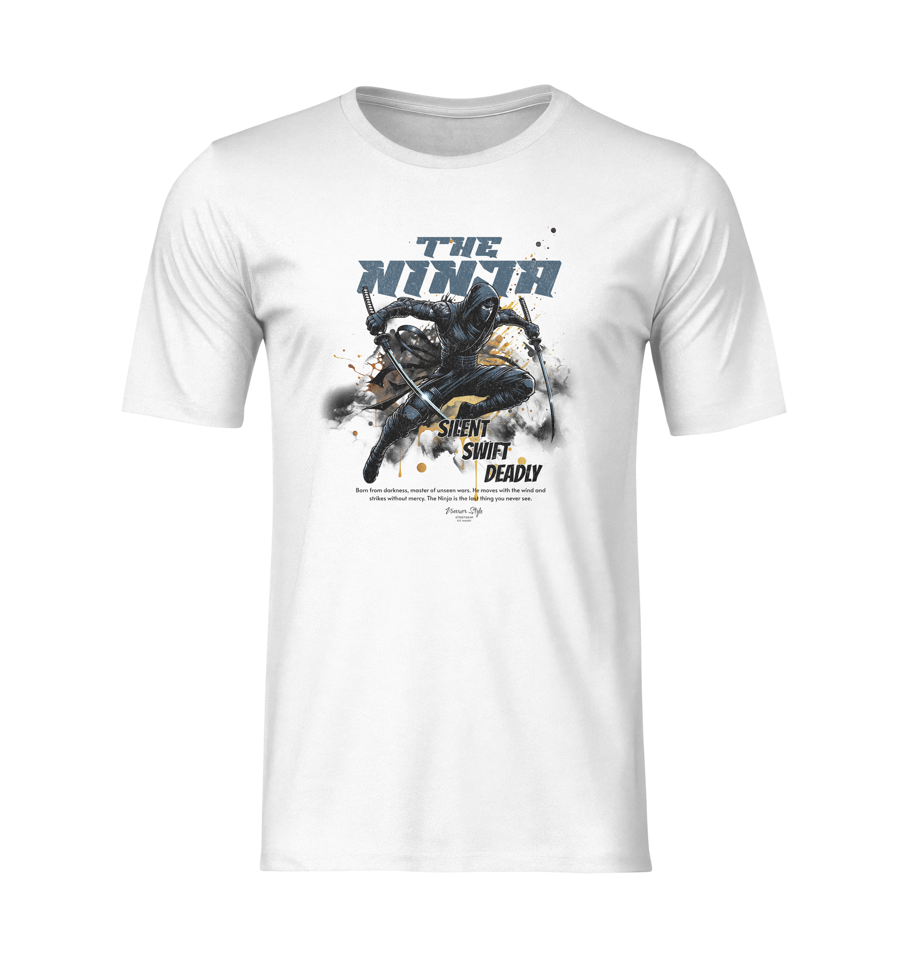 Front view of the black THE NINJA t-shirt on invisible mannequin, showing dynamic ninja illustration with bold “Silent. Swift. Deadly.” text and splatter effects. No background, No model.