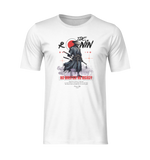 Front-facing The Ronin t-shirt on white background — bold design with lone samurai, red moon, and the phrase “No Master No Mercy.”