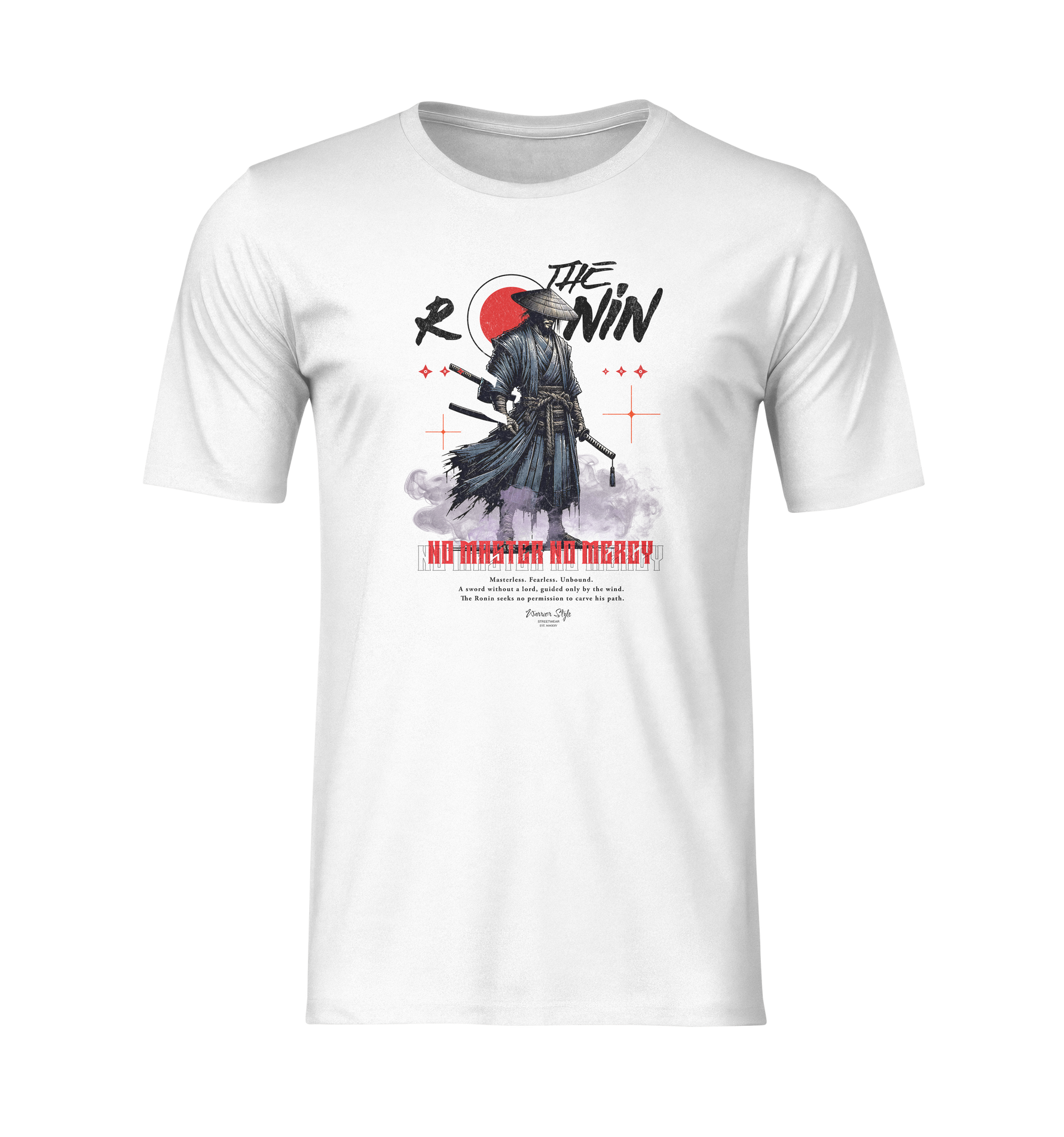 Front-facing The Ronin t-shirt on white background — bold design with lone samurai, red moon, and the phrase “No Master No Mercy.”