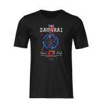 Front-facing ghost mockup of THE SAMURAI t-shirt in black, featuring a red and blue armored warrior illustration with the slogan “Honor Is The Blade”. Design is centered on the chest, with sharp detailing and a bold stance. Perfect for showcasing print clarity and fit.