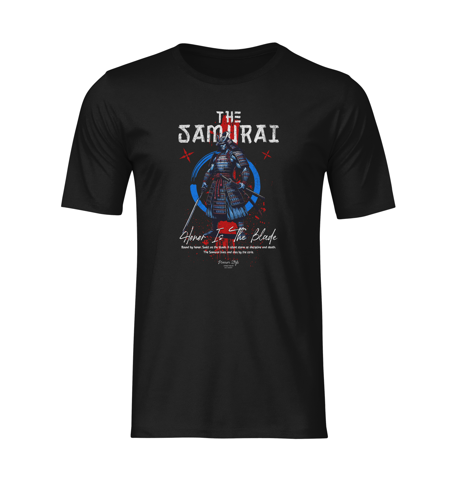 Front-facing ghost mockup of THE SAMURAI t-shirt in black, featuring a red and blue armored warrior illustration with the slogan “Honor Is The Blade”. Design is centered on the chest, with sharp detailing and a bold stance. Perfect for showcasing print clarity and fit.