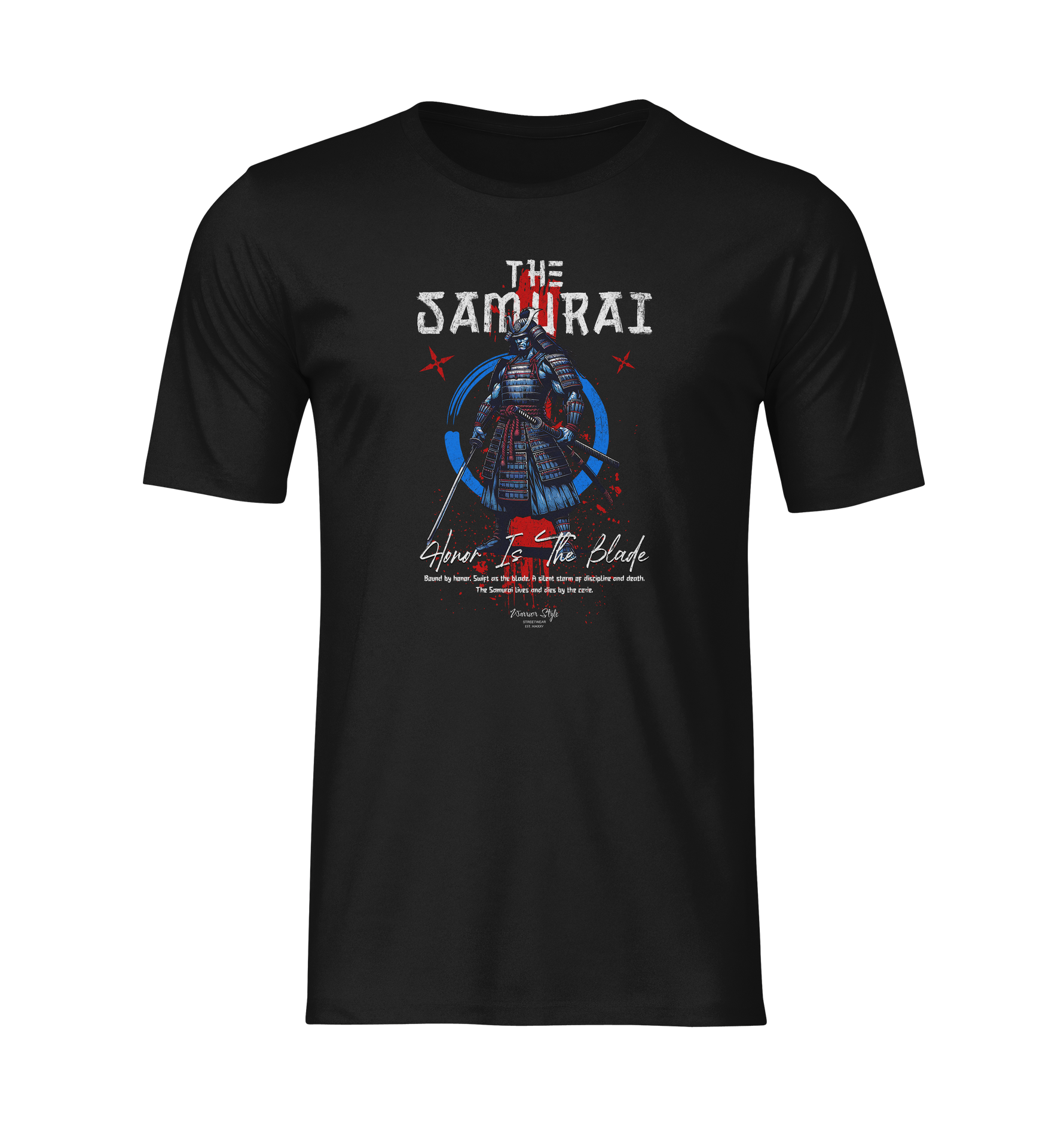 Front-facing ghost mockup of THE SAMURAI t-shirt in black, featuring a red and blue armored warrior illustration with the slogan “Honor Is The Blade”. Design is centered on the chest, with sharp detailing and a bold stance. Perfect for showcasing print clarity and fit.
