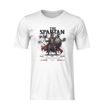 Front-facing ghost mockup of THE SPARTAN tee in white. Features a striking Spartan warrior in full armor with bold red and black accents and the words “Stand. Fight. Endure.” beneath. No background no model.