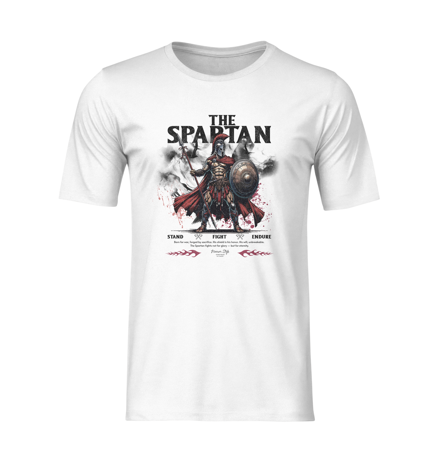 Front-facing ghost mockup of THE SPARTAN tee in white. Features a striking Spartan warrior in full armor with bold red and black accents and the words “Stand. Fight. Endure.” beneath. No background no model.