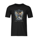 Front-facing black ghost mockup of THE VALKYRIE t-shirt, featuring a powerful winged female warrior in gold and silver armor with the phrase “Wings of Glory” beneath. No background no model.