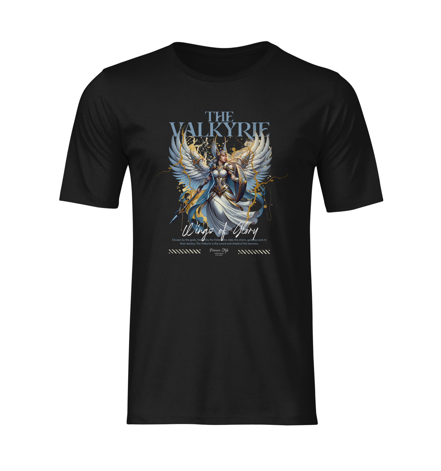 Front-facing black ghost mockup of THE VALKYRIE t-shirt, featuring a powerful winged female warrior in gold and silver armor with the phrase “Wings of Glory” beneath. No background no model.
