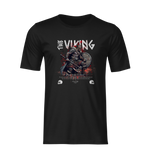 A frontal product display of THE VIKING t-shirt on a black background, showing a fierce Norse warrior charging with axe and shield.