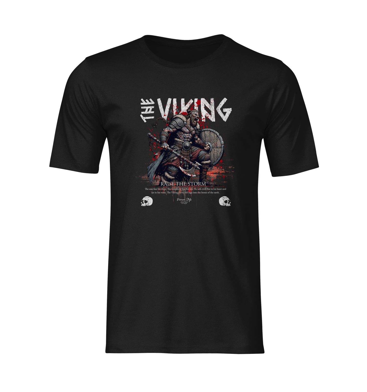 A frontal product display of THE VIKING t-shirt on a black background, showing a fierce Norse warrior charging with axe and shield.