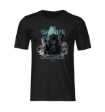 Flat lay of the black THE WARLOCK t-shirt showcasing a hooded sorcerer surrounded by storm clouds and arcane energy. No background No model.