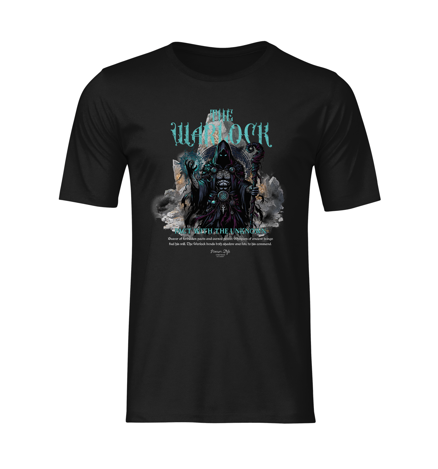 Flat lay of the black THE WARLOCK t-shirt showcasing a hooded sorcerer surrounded by storm clouds and arcane energy. No background No model.