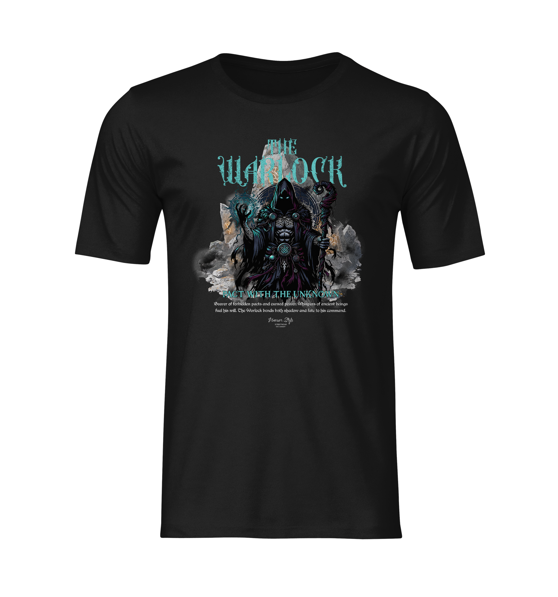 Flat lay of the black THE WARLOCK t-shirt showcasing a hooded sorcerer surrounded by storm clouds and arcane energy. No background No model.