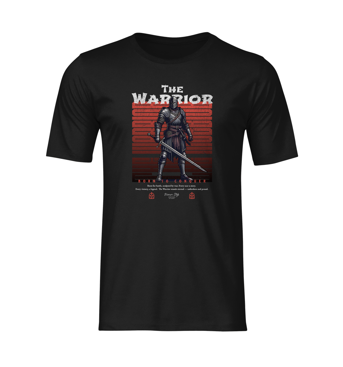 Ghost mockup of THE WARRIOR t-shirt in black — features a medieval knight with a red graphic backdrop and 'Born to Conquer' slogan.