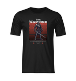 Ghost mockup of THE WARRIOR t-shirt in black — features a medieval knight with a red graphic backdrop and 'Born to Conquer' slogan.