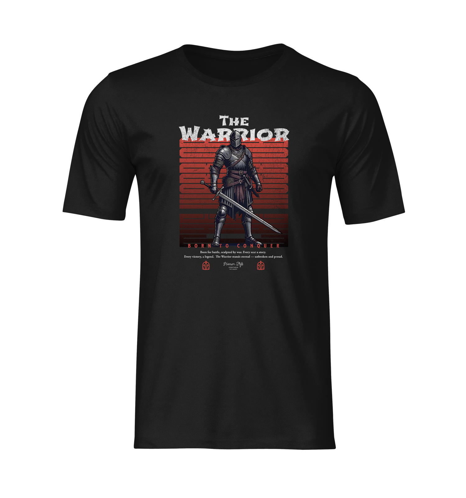 Ghost mockup of THE WARRIOR t-shirt in black — features a medieval knight with a red graphic backdrop and 'Born to Conquer' slogan.