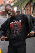 Man smiling in urban street while opening jacket to reveal THE WARRIOR t-shirt — showcasing the bold knight design with 'Born to Conquer' slogan front and center.