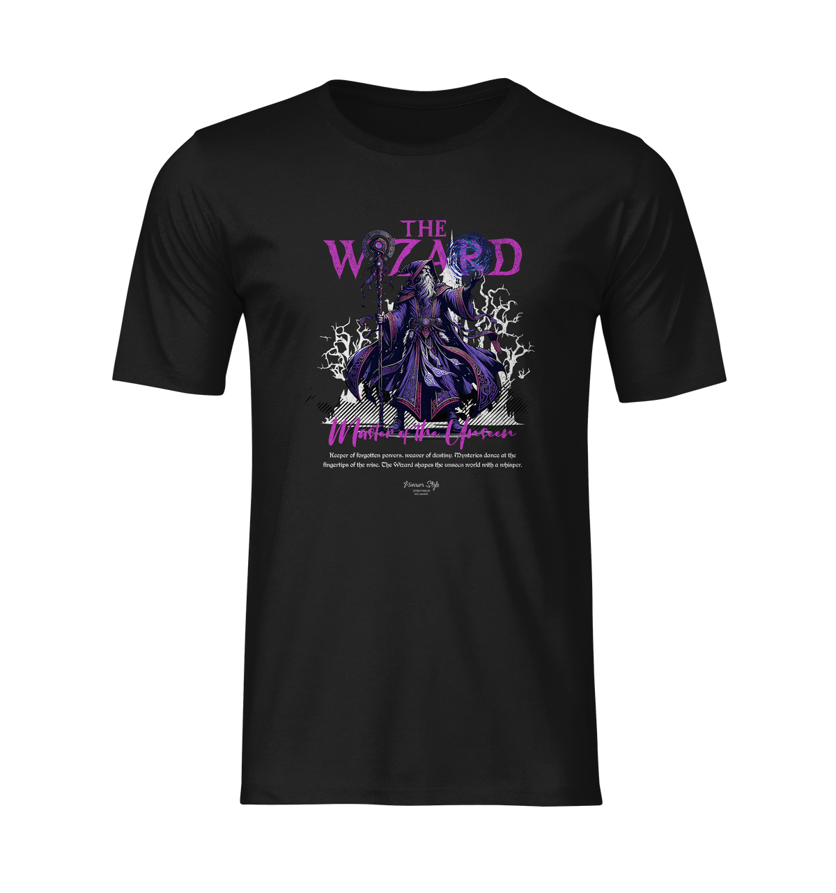 Front view of THE WIZARD t-shirt on a plain background. The design features a powerful sorcerer summoning energy, with bold purple tones and lightning accents. No background no model.