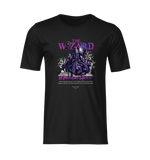 Front view of THE WIZARD t-shirt on a plain background. The design features a powerful sorcerer summoning energy, with bold purple tones and lightning accents. No background no model.