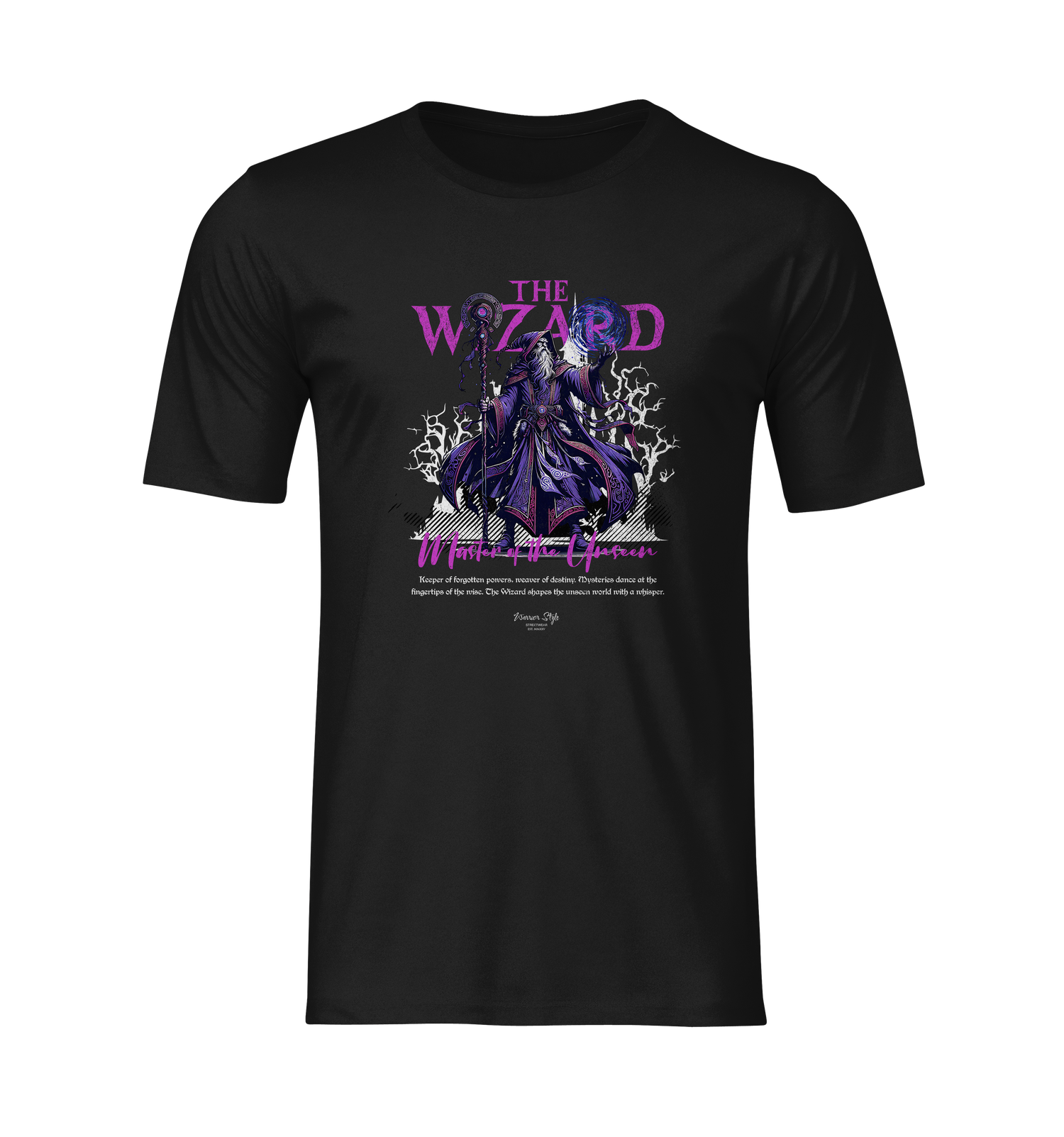 Front view of THE WIZARD t-shirt on a plain background. The design features a powerful sorcerer summoning energy, with bold purple tones and lightning accents. No background no model.