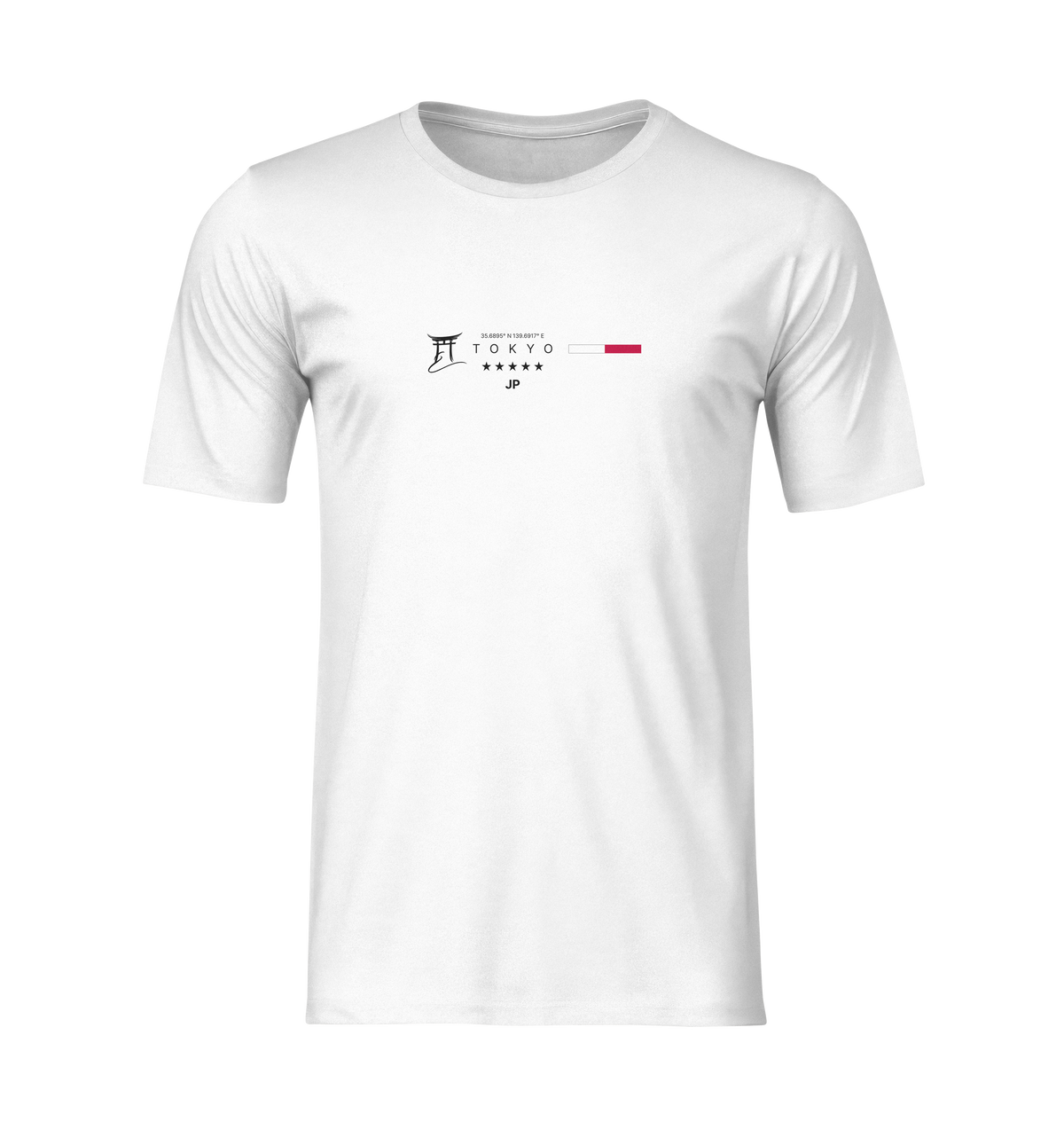 Ghost-style 3D mockup of a white t-shirt with the word "TOKYO" in black minimalist font, a stylized Japanese character, and red accent bar; shirt appears without a model or background on a transparent display.