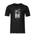 Black t-shirt on invisible mannequin, featuring a comic-style graphic with an alien asking “What do you think your purpose is?” and a cat replying “To rule. Obviously.” — set in vertical comic strip panels. No background or model, isolated on transparent canvas.