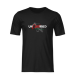Front-facing 3D mockup of a black t-shirt featuring the “PROJECT UNCLASSIFIED” design. Bold white and red typography is centered on the chest with green tactical text details and a halftone glitch effect behind the word “Classified.” No model or background — clean, isolated view of the shirt only.